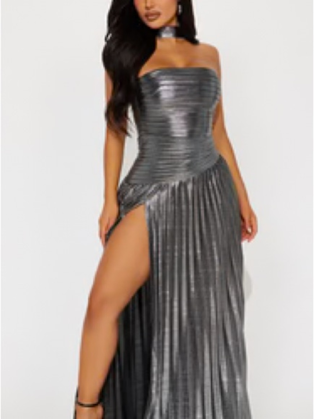 Fashion Nova Metallic Silver Strapless Pleated High-Slit Gown